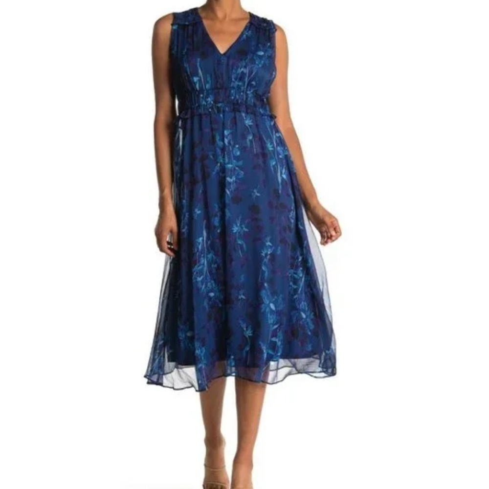 Taylor | Dresses | Taylor Shirred Chiffon Floral Print Dress Blue size 2